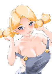 Rule 34 | 1girl, absurdres, bare shoulders, blonde hair, blue eyes, blush, breasts, cleavage, collarbone, cowgirl (pokemon), creatures (company), game freak, hair lift, hair tie, hands up, hat, highres, large breasts, looking at viewer, naked overalls, nintendo, no headwear, open mouth, overalls, poke ball symbol, pokemon, pokemon dppt, simple background, smile, solo, strap slip, toba tsutsumi, twintails, upper body, white background