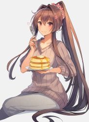 Rule 34 | 1girl, brown hair, brown sweater, butter, cherry blossoms, flower, food, fork, grey background, grey pants, hair flower, hair ornament, kantai collection, kasumi (skchkko), long hair, pancake, pants, ponytail, red eyes, ribbed sweater, simple background, sitting, solo, pancake stack, sweater, syrup, yamato (kancolle)