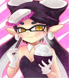 Rule 34 | 1girl, callie (splatoon), black hair, blush, breasts, chopsticks, cleavage, domino mask, earrings, eating, female focus, food, jewelry, long hair, mask, mole, nintendo, pointy ears, rice, smile, solo, splatoon (series), striped, striped background, symbol-shaped pupils, tentacle hair, yellow eyes