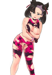 Rule 34 | absurdres, black hair, blush, breasts, breasts out, cleft of venus, covering breasts, covering privates, creatures (company), female focus, game freak, goth fashion, green eyes, gym leader, gym uniform, highres, looking at viewer, marnie (pokemon), medium breasts, nintendo, pokemon, pokemon swsh, pubic hair, pussy, torn clothes, yotamono