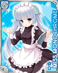 Rule 34 | 1girl, apron, black dress, black footwear, blue background, blue eyes, blunt bangs, card, character name, dress, girlfriend (kari), maid, miss monochrome, miss monochrome (character), official art, open mouth, qp:flapper, smile, solo, standing, tagme, twintails, white apron, white hair