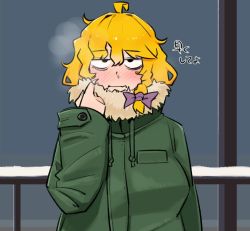 Rule 34 | 1girl, ahoge, alternate costume, bad id, bad twitter id, bags under eyes, blonde hair, blush, bow, braid, breath, closed mouth, coat, cold, commentary, cookie (touhou), fur coat, green coat, hair bow, kirisame marisa, long hair, long sleeves, looking at viewer, mars (cookie), ohasi, purple bow, railing, side braid, single braid, snow, solo, touhou, translation request, upper body
