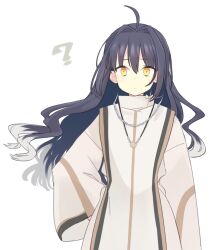 Rule 34 | 1other, 87banana, ?, ahoge, alternate hairstyle, androgynous, black hair, closed mouth, colored tips, fate/samurai remnant, fate (series), hair intakes, japanese clothes, jewelry, kimono, long hair, looking at viewer, multicolored hair, necklace, orange eyes, yamato takeru (fate), shirt, simple background, solo, white background, white hair, white shirt