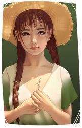 Rule 34 | 1girl, bad id, bad pixiv id, blouse, braid, breasts, brown hair, cleavage, closed mouth, collarbone, hat, jun luo, long hair, medium breasts, original, realistic, red eyes, shirt, short sleeves, solo, straw hat, twin braids, upper body, white shirt