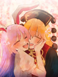 Rule 34 | bad id, bad pixiv id, blonde hair, blush, cheek-to-cheek, closed eyes, hand on another&#039;s head, happy, heads together, heart, highres, hug, junko (touhou), long hair, multiple girls, open mouth, pink background, purple hair, reisen udongein inaba, shirt, smile, touhou, udonko, white shirt, yuri