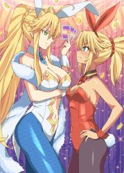 Rule 34 | 2girls, ahoge, animal ears, artoria pendragon (all), artoria pendragon (fate), artoria pendragon (swimsuit ruler) (fate), bare shoulders, blonde hair, blue neckwear, blue pantyhose, braid, breasts, card, cleavage, clothing cutout, detached collar, fake animal ears, fate/apocrypha, fate/grand order, fate (series), feather boa, fishnet legwear, fishnets, french braid, green eyes, hair between eyes, highleg, highleg leotard, highres, holding, holding card, large breasts, leotard, long hair, mordred (fate), mordred (fate/apocrypha), multiple girls, navel, navel cutout, necktie, pantyhose, playboy bunny, ponytail, rabbit ears, shimouki izui, sidelocks, small breasts, tiara, white leotard, wrist cuffs