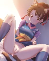 Rule 34 | 1girl, a-plug, anal tail, animal ears, bed, brown eyes, brown hair, cat ears, cleft of venus, fake tail, highres, japanese clothes, lifting own clothes, looking at viewer, nanase (street fighter), no panties, presenting, pussy, sitting, solo, street fighter, street fighter ex (series), tail, uncensored