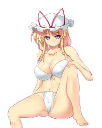 Rule 34 | 1girl, absurdres, barefoot, bikini, blonde hair, bow, breast lift, breasts, clitoris, collarbone, come hither, covered erect nipples, erect clitoris, feet, hand on own knee, hat, hat bow, hat ribbon, highres, huge breasts, legs, long hair, mob cap, mokkori9, naughty face, navel, purple eyes, ribbon, simple background, sitting, smile, solo, spread legs, swimsuit, touhou, tsurime, white background, white bikini, yakumo yukari