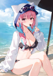 Rule 34 | 1girl, alternate costume, animal ears, animal hood, bare legs, beach, beach umbrella, bikini, black bikini, blurry, braid, breasts, candy, cleavage, collarbone, day, depth of field, eyewear on head, fake animal ears, feet out of frame, food, frilled bikini, frills, front-tie bikini top, front-tie top, hair over shoulder, halterneck, heart, heart-shaped eyewear, highres, holding, holding candy, holding food, holding lollipop, hololive, hood, hooded jacket, jacket, knees up, large breasts, licking, lollipop, long hair, long sleeves, looking at viewer, minato aqua, multicolored hair, navel, ocean, open clothes, open jacket, outdoors, pink eyes, pink hair, sitting, solo, stomach, streaked hair, string bikini, sunglasses, swimsuit, thighs, tinted eyewear, tongue, tongue out, twin braids, two-tone hair, umbrella, virtual youtuber, white-framed eyewear, white jacket, yon (letter)