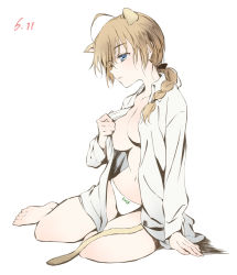 Rule 34 | 1girl, agahari, ahoge, animal ears, barefoot, blue eyes, braid, breasts, brown hair, cleavage, collarbone, dated, full body, hair over shoulder, lynette bishop, medium breasts, navel, open clothes, open shirt, shirt, simple background, single braid, solo, strike witches, tail, white background, world witches series