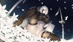 Rule 34 | 1girl, 2b (nier:automata), black blindfold, blindfold, blindfold slip, boots, breasts, cleavage, cleavage cutout, clothing cutout, flower, gainoob, grey hair, highleg, highleg leotard, large breasts, leotard, looking at viewer, nier:automata, nier (series), planted, planted sword, planted weapon, pod (nier:automata), sitting, solo, spread legs, sword, thigh boots, thighhighs, thighhighs under boots, weapon