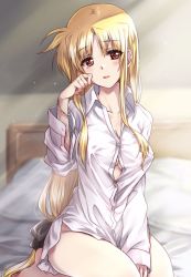 Rule 34 | 1girl, barefoot, bed, black ribbon, blonde hair, blurry, blurry background, bottomless, bracelet, breasts, bursting breasts, cleavage, commentary request, commission, depth of field, dress shirt, fate testarossa, hair ribbon, highres, jewelry, kneeling, kuroi mimei, light particles, light smile, long hair, long sleeves, looking at viewer, low-tied long hair, lyrical nanoha, mahou shoujo lyrical nanoha strikers, medium breasts, naked shirt, on bed, parted lips, partially unbuttoned, pillow, red eyes, ribbon, shirt, sidelocks, skeb commission, sleeves past wrists, solo, sunlight, tearing up, tears, very long hair, white shirt, wing collar, wiping tears