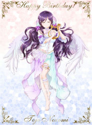 Rule 34 | 10s, 1girl, ali manami, angel wings, barefoot, dress, closed eyes, flower, hair flower, hair ornament, happy birthday, harp, highres, instrument, long hair, love live!, love live! school idol festival, love live! school idol project, purple hair, solo, thigh strap, tojo nozomi, twintails, very long hair, wings
