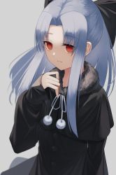 Rule 34 | 1girl, black bow, black capelet, blue hair, bow, capelet, closed mouth, commentary request, empty eyes, expressionless, fur collar, hair bow, hand on own chest, highres, len (tsukihime), long hair, long sleeves, looking at viewer, parted bangs, pom pom (clothes), ponytail, red eyes, ribbon, sidelocks, sleeves past wrists, solo, tsukihime, upper body, white ribbon, yamada maya (yamdmay)