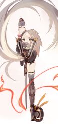 Rule 34 | 1girl, black dress, closed mouth, dress, grey eyes, grey hair, highres, holding, holding sword, holding weapon, long hair, mechanical arms, mechanical legs, nanami: pulse (punishing: gray raven), nanami (punishing: gray raven), ponytail, punishing: gray raven, skates, solo, sword, very long hair, weapon