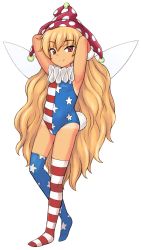 Rule 34 | 1girl, :p, adapted costume, american flag, american flag legwear, american flag print, armpits, arms behind head, arms up, artist request, blonde hair, clownpiece, fairy wings, flag print, full body, hat, heart, heart-shaped pupils, jester cap, leotard, long hair, neck ruff, rabbit tail, simple background, smile, solo, symbol-shaped pupils, tail, tan, tanline, thighhighs, tongue, tongue out, touhou, transparent background, very long hair, white background, wings