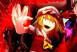 Rule 34 | 1girl, aritoki ritsu, blonde hair, chain, constricted pupils, crazy eyes, embodiment of scarlet devil, face, female focus, fingernails, flandre scarlet, hat, looking at viewer, open mouth, red eyes, sharp teeth, solo, teeth, touhou