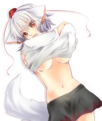 Rule 34 | 1girl, animal ears, aya-0w0, bad id, bad pixiv id, breasts, clothes lift, fang, female focus, hat, inubashiri momiji, medium breasts, midriff, navel, open mouth, red eyes, shirt, shirt lift, short hair, silver hair, skirt, solo, tail, touhou, underboob, undressing, wolf ears, wolf tail