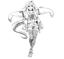 Rule 34 | 1girl, ahoge, blush, greyscale, hair between eyes, hatching (texture), highres, jacket, long hair, monochrome, open mouth, original, pikat, round teeth, shoes, short shorts, shorts, sleeves past wrists, smile, sneakers, solo, teeth, thighhighs, torn clothes, torn thighhighs, upper body, zipper, zipper pull tab