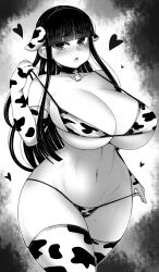 Rule 34 | 1girl, absurdres, animal ears, animal print, bell, bikini, bikini bottom pull, bikini pull, bikini top pull, blush, breasts, choker, cleavage, clothes pull, collarbone, commentary request, cow ears, cow print, cow print bikini, cowboy shot, curvy, elbow gloves, gloves, greyscale, haseru (ginku mh), heart, heart-shaped pupils, highres, huge breasts, long hair, looking at viewer, mole, mole on breast, mole on thigh, mole under mouth, monochrome, navel, neck bell, original, print bikini, pulled by self, solo, swimsuit, symbol-shaped pupils, thighhighs