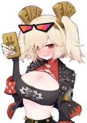 1girl absurdres belt black_belt black_jacket blonde_hair blush breasts burnice_white cleavage commentary_request eyewear_on_head hair_between_eyes highres jacket large_breasts long_hair navel ohichi16 open_mouth red-tinted_eyewear red_eyes sidelocks simple_background solo spiked_belt sunglasses sweatdrop tinted_eyewear upper_body variant_set white_background zenless_zone_zero