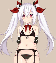 Rule 34 | 000kk, 1girl, azur lane, bare shoulders, beige background, blush, bow, bowtie, breasts, collarbone, commentary request, fang, hair between eyes, hair ribbon, long hair, looking at viewer, navel, red bow, red eyes, red ribbon, ribbon, silver hair, simple background, small breasts, smile, solo, twintails, underwear, vampire (azur lane)