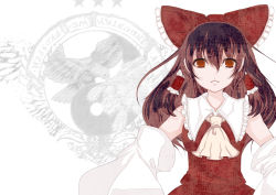 Rule 34 | 1girl, bad id, bad pixiv id, bow, brown hair, detached sleeves, female focus, hair bow, hakurei reimu, japanese clothes, miko, red bow, red eyes, short hair, solo, tetsubuta, touhou, white background