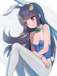 Rule 34 | 1girl, animal ears, aumann, black hair, blue archive, blue leotard, bow, bowtie, breasts, detached collar, fake animal ears, fake tail, green bow, green bowtie, grey pantyhose, halo, highres, leaf, leaf on head, leotard, long hair, lying, miyu (blue archive), on side, open mouth, pantyhose, playboy bunny, rabbit ears, rabbit tail, red eyes, small breasts, solo, tail