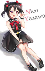 Rule 34 | 1girl, artist name, artist request, bare legs, bare shoulders, belt, black footwear, black hair, black shirt, black skirt, blush, bow, bracelet, breasts, collared shirt, female focus, full body, hair bow, highres, jewelry, looking at viewer, love live!, love live! school idol festival, love live! school idol project, neckerchief, parted lips, red bow, red eyes, red neckerchief, shirt, shoes, short hair, skirt, small breasts, smile, solo, twintails, white background, white belt, yazawa nico, yoshinon (yoshinon kotori)