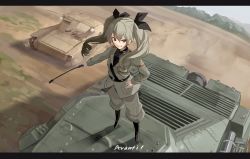 Rule 34 | 10s, 1girl, absurdres, anchovy (girls und panzer), belt, black footwear, black necktie, black ribbon, black shirt, blouse, boots, brown eyes, drill hair, fami (yellow skies), full body, girls und panzer, green hair, grey jacket, grey pants, grin, hair ribbon, hand on own hip, highres, italian text, jacket, jodhpurs, knee boots, letterboxed, long sleeves, looking at viewer, military, military uniform, military vehicle, motor vehicle, necktie, pants, pants tucked in, ribbon, riding crop, shirt, shoes, short hair with long locks, smile, solo, tank, twin drills, twintails, uniform, vehicle