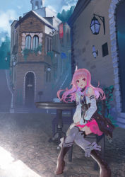 Rule 34 | 1girl, bare shoulders, black footwear, boots, building, chair, commentary request, cup, day, detached sleeves, door, highres, knees together feet apart, long hair, long sleeves, looking at viewer, multicolored hair, on chair, open mouth, original, outdoors, pink hair, pink skirt, pleated skirt, puffy long sleeves, puffy sleeves, purple hair, red eyes, saraki, saucer, shirt, sitting, skirt, sleeveless, sleeveless shirt, sleeves past wrists, solo, stairs, streaked hair, table, teacup, thighhighs, thighhighs under boots, wall lamp, white shirt, white sleeves, white thighhighs, window