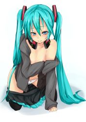 Rule 34 | 1girl, all fours, aqua eyes, aqua hair, bad id, bad pixiv id, flat chest, futa1027, hatsune miku, long hair, long sleeves, looking at viewer, nipple slip, nipples, panties, simple background, skirt, sleeves past wrists, solo, twintails, underwear, undressing, vocaloid
