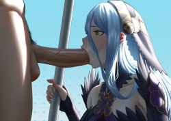 Rule 34 | 1boy, 1girl, azura (fire emblem), blue hair, breasts, covered mouth, erection, fellatio, fingerless gloves, fire emblem, fire emblem fates, gloves, headdress, hetero, jornyhail, male pubic hair, mouth veil, nintendo, official alternate costume, open mouth, oral, penis, profile, pubic hair, staff, uncensored, veil, veins, veiny penis, yellow eyes