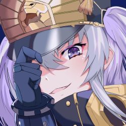 Rule 34 | 1girl, altair (re:creators), black gloves, blue eyes, blue ribbon, commentary request, fangs, gloves, hair ribbon, hat, looking at viewer, military hat, open mouth, portrait, re:creators, ribbon, shi yiyiyi, silver hair, solo, twintails