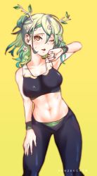 Rule 34 | 1girl, absurdres, alternate costume, antlers, black legwear, braid, braided bangs, ceres fauna, green hair, highres, hololive, hololive english, horns, kenji17, multicolored hair, one eye closed, single braid, sports bra, stomach, sweat, virtual youtuber, yellow background, yellow eyes
