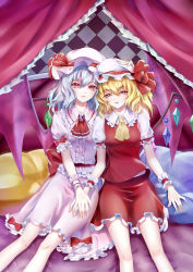 Rule 34 | 2girls, absurdres, ascot, bat wings, bed sheet, blonde hair, blue hair, blush, bow, breasts, brooch, center frills, chinese commentary, commentary request, crystal, curtains, dress, fang, feet out of frame, flandre scarlet, frilled ascot, frilled shirt collar, frills, hair between eyes, hand on another&#039;s head, hat, hat bow, hat ribbon, highres, holding hands, jewelry, kirby (series), kirby d a, looking at viewer, miniskirt, mob cap, multiple girls, nintendo, one side up, parted lips, petticoat, pillow, pink dress, puffy short sleeves, puffy sleeves, red ascot, red bow, red eyes, red ribbon, red sash, red skirt, red vest, remilia scarlet, ribbon, sash, shadow, shirt, short hair, short sleeves, siblings, sisters, sitting, skirt, skirt set, small breasts, smile, touhou, vest, white headwear, white shirt, wings, wrist cuffs, yellow ascot