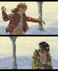 Rule 34 | 2boys, aged down, alternate universe, artist name, black hair, border, chainsaw man, child, denji (chainsaw man), green jacket, hair between eyes, hayakawa aki, highres, jacket, multiple boys, niionss, playing, red jacket, smile, snow, snow on body, snow on head, snowball, snowball fight, snowing, subtitled, teeth, throwing, tree