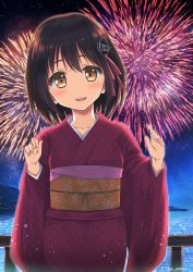 Rule 34 | 10s, 1girl, black legwear, brown eyes, fireworks, haguro (kancolle), hair ornament, hairclip, highres, japanese clothes, kantai collection, kimono, looking at viewer, marimo kei, night, open mouth, short hair, smile, solo, water, wide sleeves