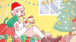 Rule 34 | 1girl, black footwear, boots, box, cake, cat, christmas tree, flower, food, fork, gift, gift box, green cat, green fur, hat, hat flower, highres, holding, holding fork, holding plate, knees up, long sleeves, makanon records, masaki kanon, nail polish, outline, pink eyes, pink hair, pink nails, plate, short hair, solo, strawberry shortcake, sweater, virtual youtuber, white flower, white outline, white sweater, window, yoshimon