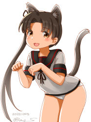 Rule 34 | 1girl, animal ears, ayanami (kancolle), black sailor collar, brown hair, cat ears, cat tail, dated, kantai collection, long hair, no pants, one-hour drawing challenge, panties, ray.s, sailor collar, school uniform, serafuku, side ponytail, simple background, solo, tail, twitter username, underwear, white background, white panties