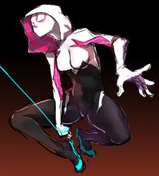Rule 34 | 1girl, absurdres, bodysuit, breasts, covered navel, full body, gloves, gradient background, gwen stacy, highres, hood, jumping, looking to the side, makai, marvel, mask, no pupils, silk, sketch, skin tight, solo, spider-gwen, spider-man (series), spider web, spider web print, spread legs, superhero costume