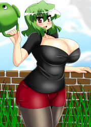 Rule 34 | 1girl, akasode (tyaramu), blush, breasts, cleavage, cleavage cutout, clothing cutout, curvy, green hair, highres, huge breasts, kazami yuuka, looking at viewer, open mouth, pantyhose, red eyes, shirt, short hair, sky, smile, solo, standing, thick thighs, thighs, touhou, wide hips