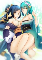 Rule 34 | 2girls, absurdly long hair, ainu clothes, animal ears, aqua hair, aqua kimono, aquaplus, ass, bare legs, bare shoulders, black hair, blush, boots, bra, breast press, breasts, breasts out, cleavage cutout, closed mouth, clothing cutout, collarbone, curvy, dress, fate/grand order, fate (series), feet out of frame, flower, flower on head, from side, full body, hair between eyes, hair ornament, highres, horns, japanese clothes, kimono, kiyohime (fate), kuon (utawarerumono), large breasts, long hair, long sleeves, looking at viewer, multiple girls, open clothes, orange eyes, ponytail, raised eyebrows, sidelocks, smile, swept bangs, thick thighs, thighs, underwear, utawarerumono, utawarerumono: itsuwari no kamen, very long hair, yellow eyes, zarashi