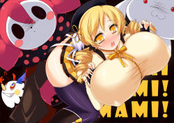 Rule 34 | 10s, 1girl, akikaze tsumuji, all fours, ass, blonde hair, blush, breast rest, breasts, drill hair, covered erect nipples, hair ornament, huge breasts, long hair, looking at viewer, mahou shoujo madoka magica, open mouth, solo, thighhighs, tomoe mami, twintails, yellow eyes
