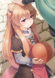 Rule 34 | 1boy, 1girl, animal ear fluff, animal ears, ball, blush, brown dress, brown hair, cape, closed mouth, collarbone, commentary request, cuffs, day, dress, fingernails, green cape, grey sweater, hair between eyes, headpat, holding, holding ball, iwatani naofumi, layered sleeves, long hair, long sleeves, miri (ago550421), out of frame, outdoors, purple eyes, raccoon ears, raccoon girl, raphtalia, ribbed sweater, short over long sleeves, short sleeves, signature, solo focus, standing, sweater, tate no yuusha no nariagari, very long hair