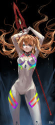Rule 34 | 1girl, absurdres, ahoge, arms up, blue background, blue eyes, bodysuit, bracelet, breasts, commentary, covered navel, evangelion: 3.0+1.0 thrice upon a time, eyepatch, floating hair, hair between eyes, hair ornament, hand on own hip, highres, holding, holding weapon, interface headset, jewelry, lance, lance of cassius, long hair, looking at viewer, medium breasts, muu (muu shiromiya), neon genesis evangelion, orange hair, plugsuit, polearm, rebuild of evangelion, skin tight, solo, souryuu asuka langley, thighs, twitter username, two side up, very long hair, weapon, white bodysuit