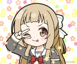 Rule 34 | 1girl, blush, bow, brown eyes, brown hair, brown shirt, chibi, commentary request, floral background, forehead, grey jacket, hair bow, jacket, long hair, long sleeves, looking at viewer, mitya, nogi sonoko, open clothes, open jacket, red bow, sailor collar, school uniform, shirt, sleeves past wrists, solo, star (symbol), striped, striped bow, twitter username, upper body, v-shaped eyebrows, v over eye, washio sumi wa yuusha de aru, white background, white bow, white sailor collar, yuusha de aru
