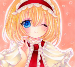 Rule 34 | 1girl, alice margatroid, blonde hair, blue eyes, blush, capelet, closed mouth, commentary request, eyes visible through hair, floral background, flower, frills, hair between eyes, hairband, hand up, highres, looking at viewer, marker (medium), necktie, one eye closed, pink background, pink flower, red hairband, red necktie, short hair, short sleeves, smile, solo, touhou, traditional media, white capelet, yuuki hana (jtnp5334)