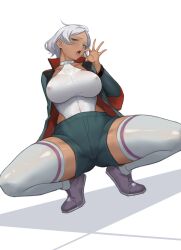Rule 34 | 1girl, absurdres, aqua eyes, ass, breasts, chong (547342983), covered erect nipples, dark-skinned female, dark skin, fellatio gesture, grey hair, gundam, gundam suisei no majo, highleg, highleg leotard, highres, large breasts, leotard, leotard under clothes, looking at viewer, md5 mismatch, open mouth, resolution mismatch, saliva, secelia dote, short hair, shorts, solo, source smaller, spread legs, squatting, thighhighs, tiptoes, tongue, tongue out, white leotard, white nails, white thighhighs, wide hips
