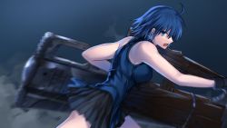 Rule 34 | 1girl, ahoge, bare arms, bare shoulders, black skirt, blue dress, blue eyes, blue gloves, blue hair, breasts, ciel (tsukihime), commentary request, dress, gloves, highres, holding, holding weapon, looking at viewer, medium breasts, miniskirt, open mouth, powered ciel, qingtianmian, seventh holy scripture, short hair, skirt, sleeveless, sleeveless dress, solo, teeth, tongue, tsukihime, tsukihime (remake), upper teeth only, weapon